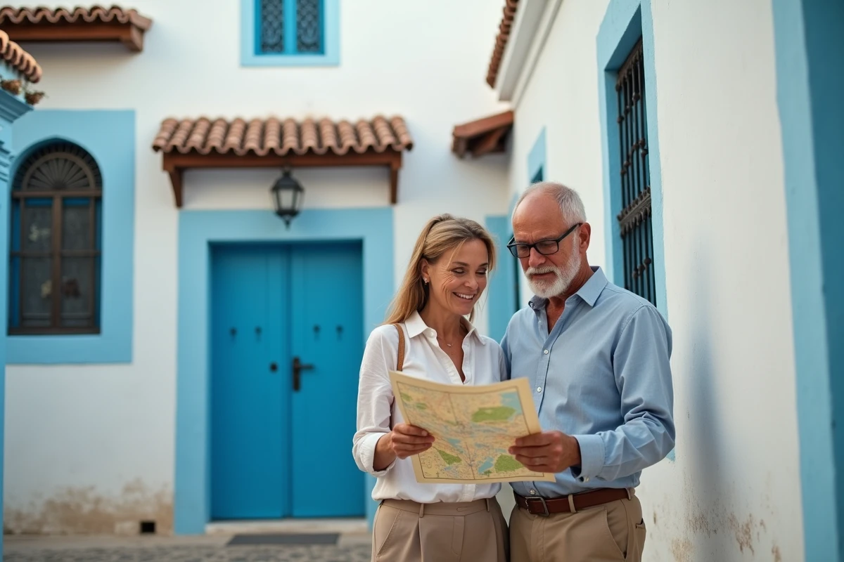 Couple d'expatriés explorant une ruelle de la médina d'Essaouira pour une location longue durée