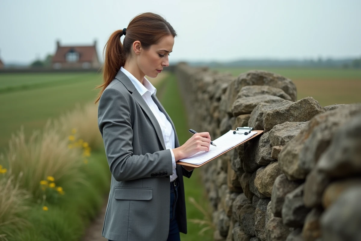 Femme géomètre examinant un vieux mur en pierre dans la campagne