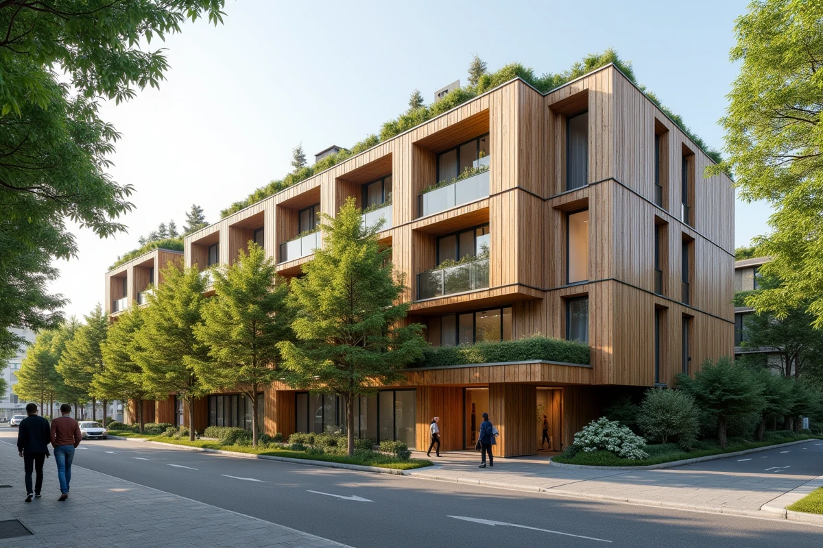 Façade extérieure d'un immeuble résidentiel durable avec bardage en bois et toiture végétalisée en milieu urbain