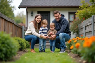 Famille de quatre dans un jardin urbain en extérieur