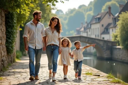 Famille se promenant au bord de la Dordogne à Bergerac, quartier résidentiel et convivial