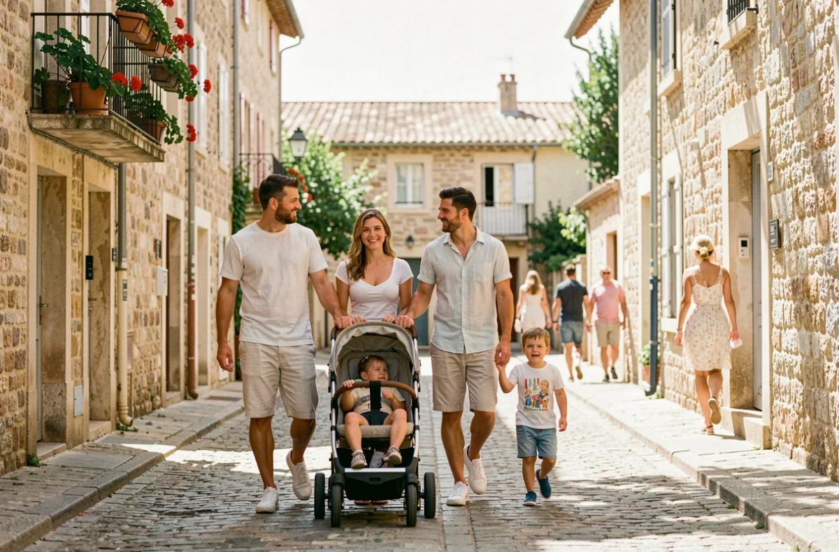 Famille se promenant dans un quartier résidentiel de Nîmes avec des bâtiments en pierre typiques du sud de la France