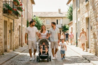 Famille se promenant dans un quartier résidentiel de Nîmes avec des bâtiments en pierre typiques du sud de la France