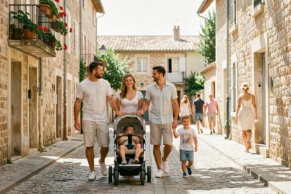 Famille se promenant dans un quartier résidentiel de Nîmes avec des bâtiments en pierre typiques du sud de la France