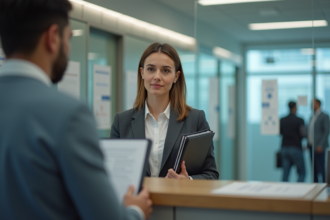 Femme professionnelle à un bureau administratif moderne