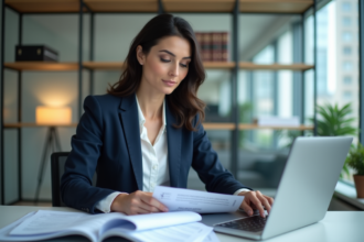 Femme d'affaires examine des documents TVA dans un bureau moderne
