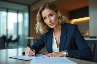 Femme d'affaires en costume dans un bureau moderne