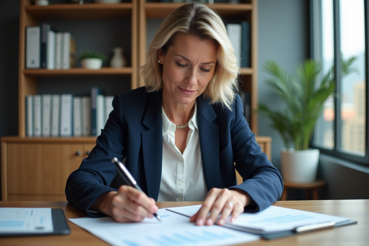 Femme d'affaires examine des documents de prêt immobilier
