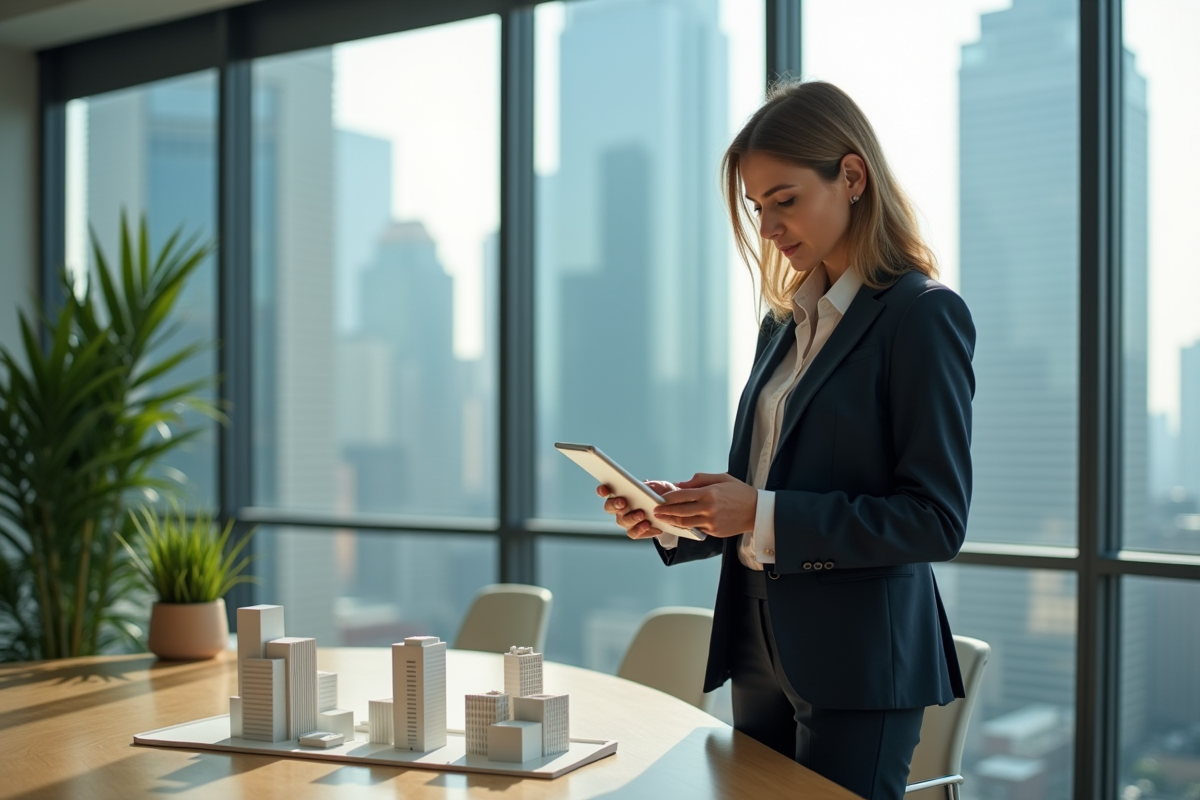 Femme d'affaires en costume avec tablette dans un bureau moderne