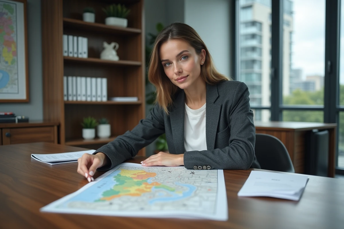 Jeune femme analysant des documents immobiliers en bureau