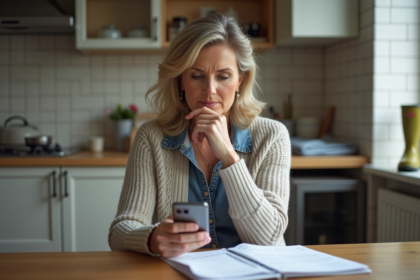 Femme d'âge moyen examine documents d'assurance dans la cuisine