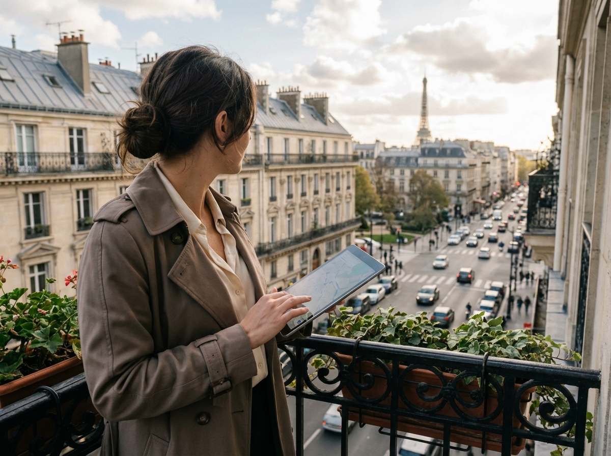 Femme sur un balcon parisien avec vue urbaine