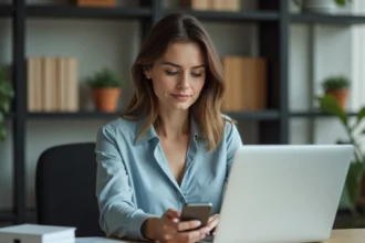 Femme au bureau utilisant une application de gestion d'appartement