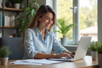 Femme en bureau moderne examine des documents de prêt