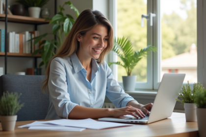 Femme en bureau moderne examine des documents de prêt