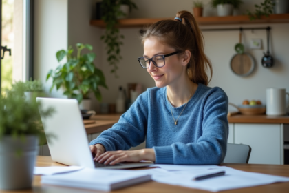 Femme en sweater bleu travaillant à la maison