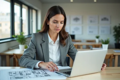 Femme en bureau analysant une simulation de couverture de bâtiment