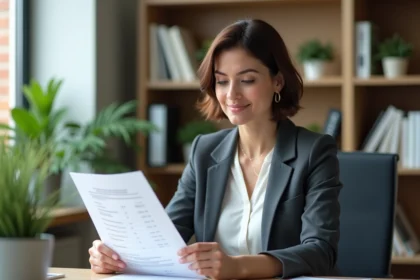 Femme en bureau examinant une fiche tarifaire avec concentration