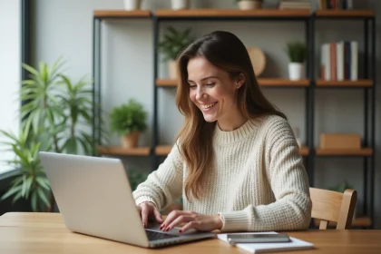 Femme souriante utilisant un ordinateur pour évaluer un bien immobilier