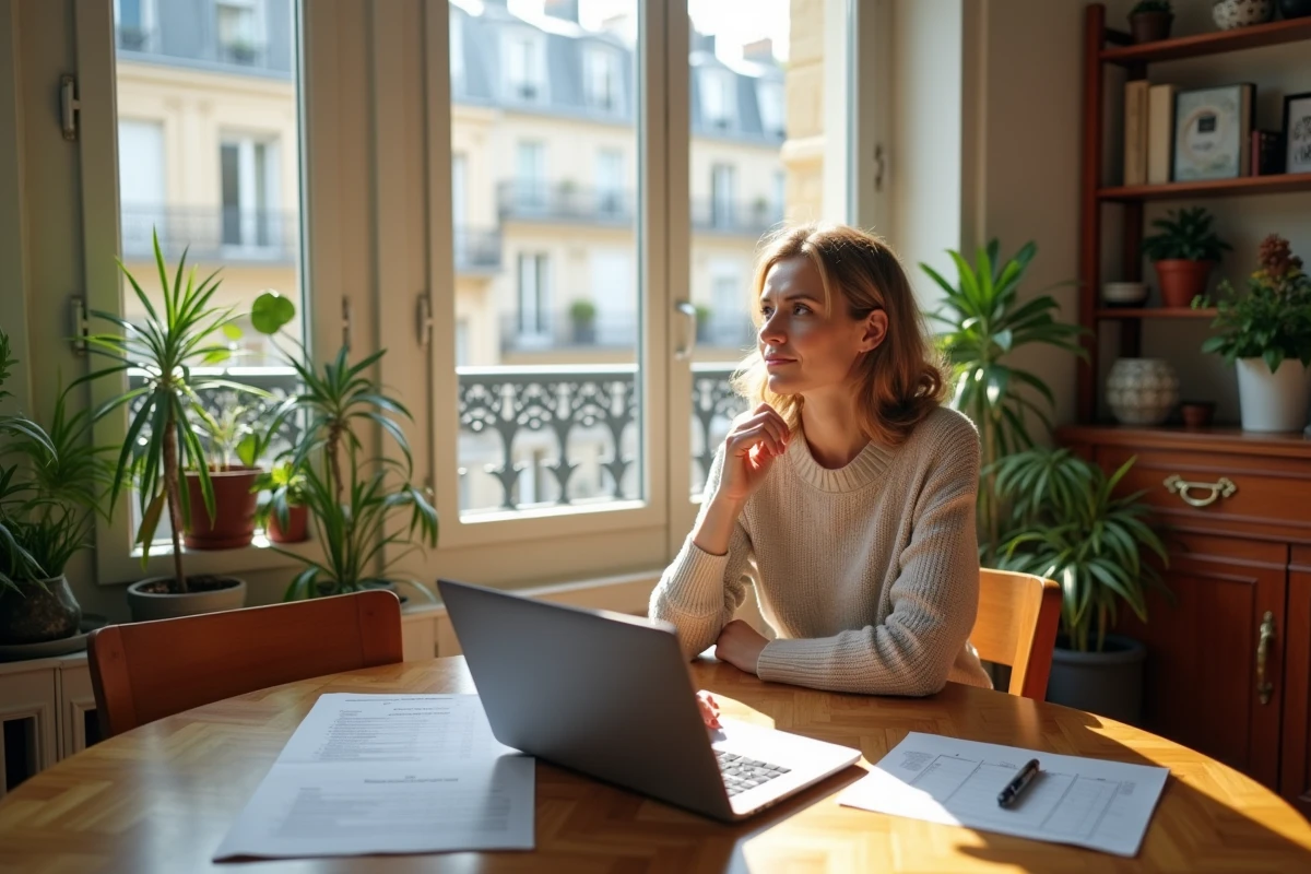 Femme réfléchissant à ses calculs de location