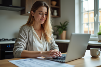 Femme concentrée calculant un prêt immobilier à la maison