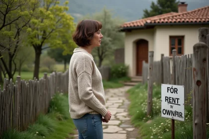 Femme examinant une pancarte de location dans la campagne