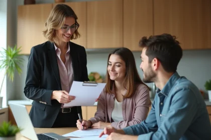 Femme confiante remettant un dossier à un couple dans une cuisine lumineuse