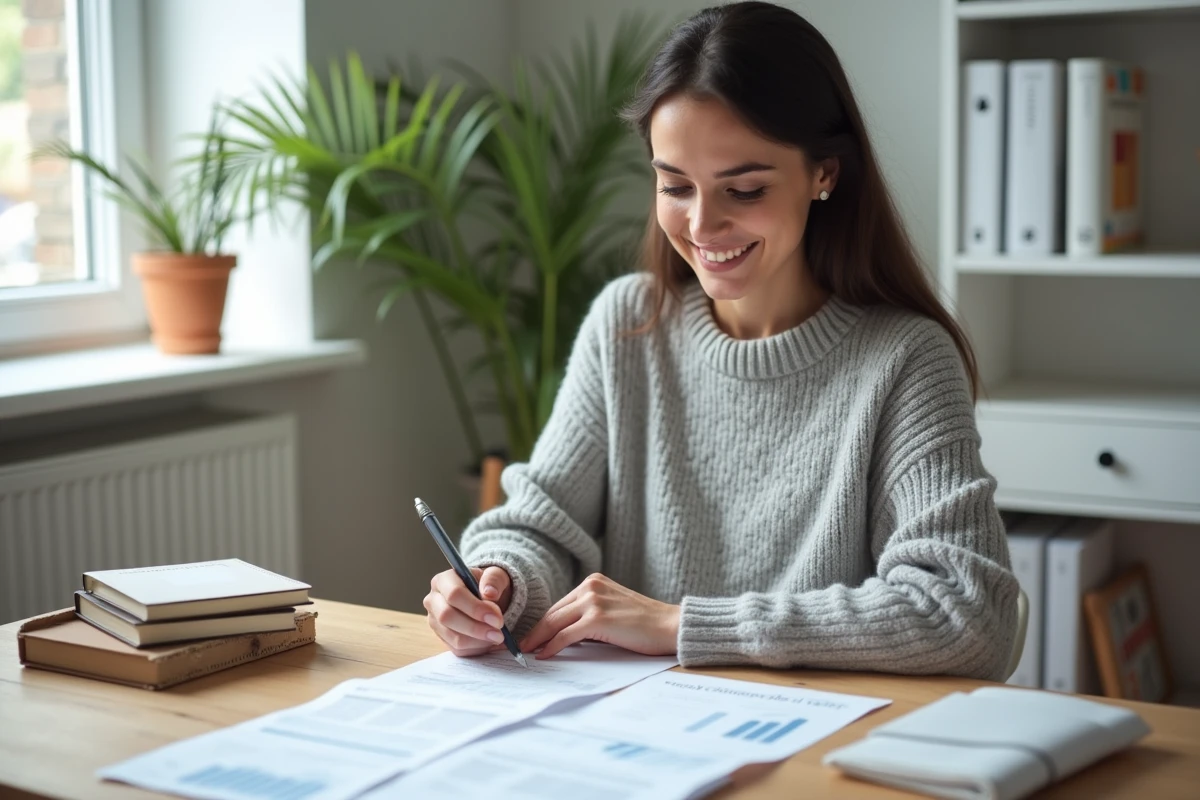 Femme consultant ses documents de charges locatives sur l'espace Myfoncia à domicile