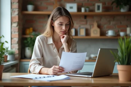 Jeune femme examine un contrat d'électricité dans une cuisine moderne