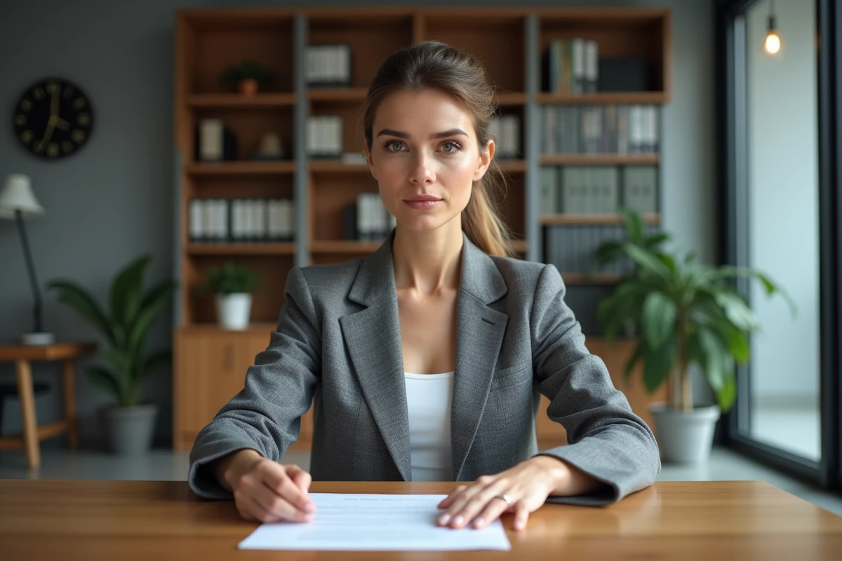 Femme consultant un contrat d'indivision immobilière dans un bureau notarial moderne