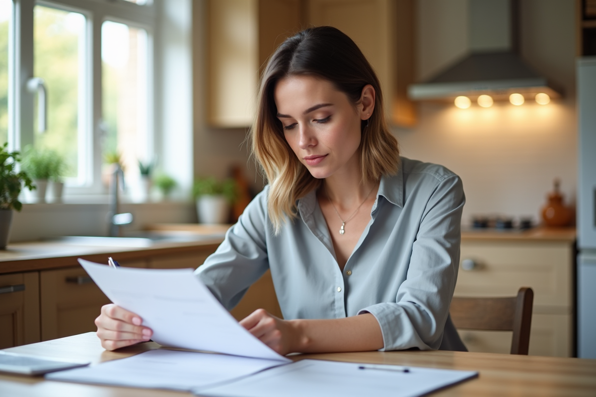 Femme en cuisine examinant des documents d'assurance