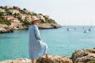 Femme en robe en lin au bord de la mer Méditerranée