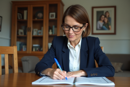 Femme d'âge moyen remplissant un dossier d'impots à la maison