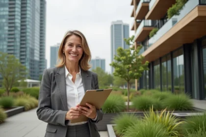 Femme d affaires devant un immeuble écologique moderne