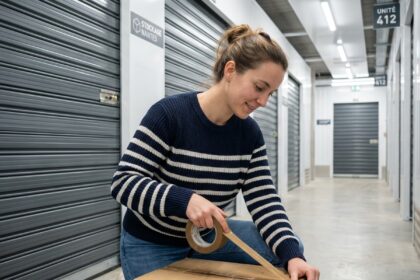 Jeune femme emballant un colis dans un centre de stockage à Nantes