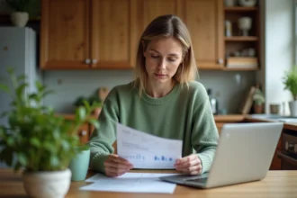 Femme examinant un rapport d energie dans sa cuisine