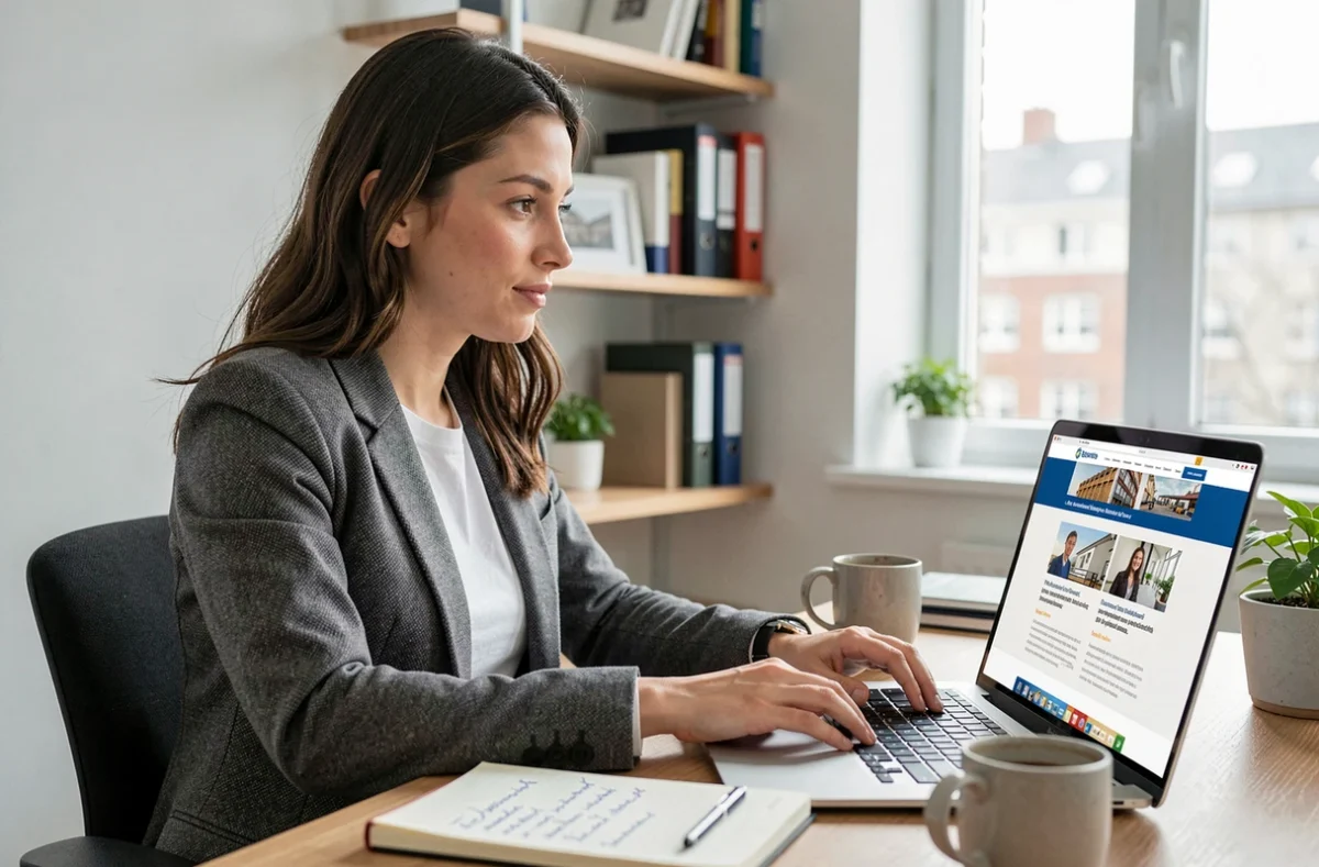 Femme entrepreneuse lançant un business de travaux en ligne depuis son bureau à domicile