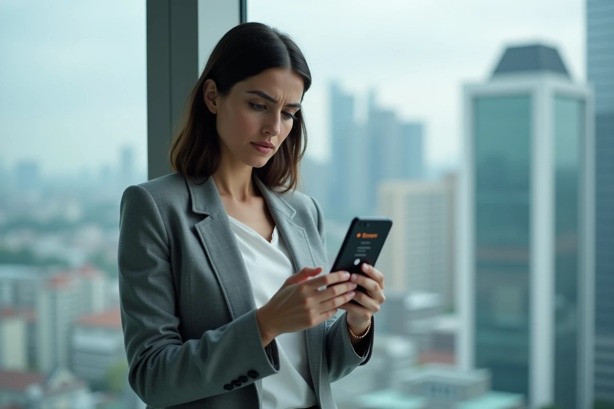 Femme tenant un smartphone affichant une erreur de connexion à l'espace client Nexity depuis une application mobile