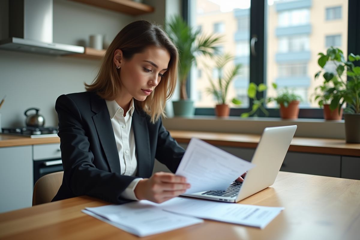 Femme d'affaires examinant des documents financiers dans un appartement