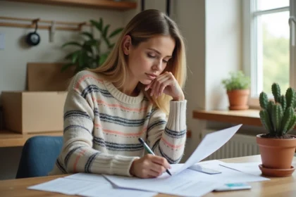 Femme signant des formulaires dans un appartement en transition