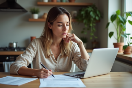Femme remplissant des documents financiers à la maison
