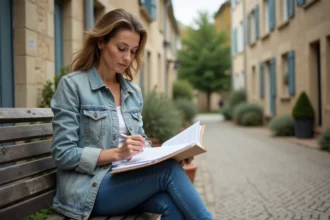 Femme d'âge moyen examinant un dossier immobilier dans une rue de Montluçon