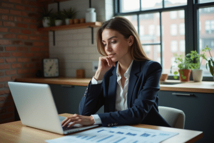 Jeune femme professionnelle regarde des taux de mortgage