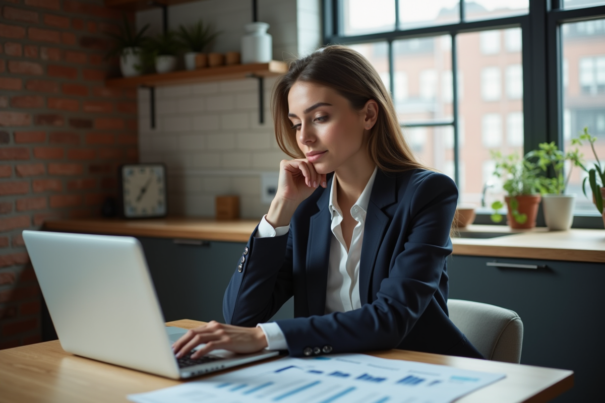 Jeune femme professionnelle regarde des taux de mortgage