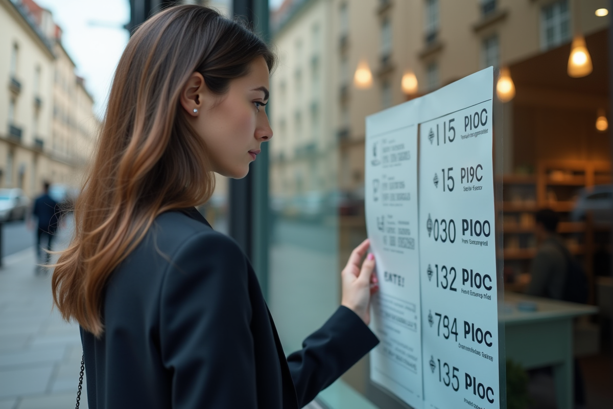 Jeune femme d affaires regardant des prix de location devant une vitrine