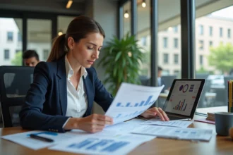 Femme d'affaires analysant des documents d'investissement à Lyon