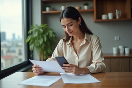 Femme lisant un courrier dans une cuisine moderne
