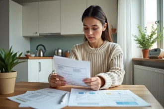 Jeune femme lit des documents de location dans un appartement lumineux