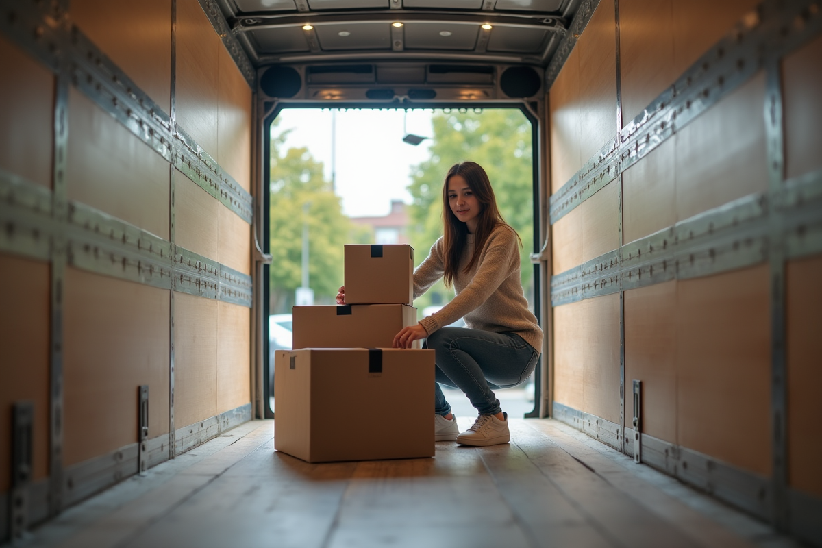 Jeune femme arrangeant des caisses dans un camion vide
