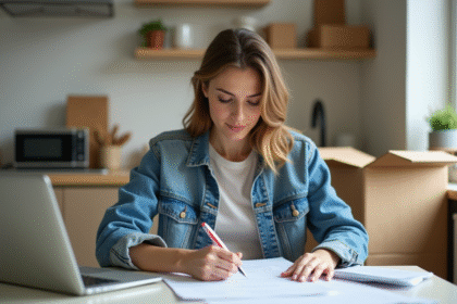 Femme en tenue décontractée remplissant des papiers dans une cuisine